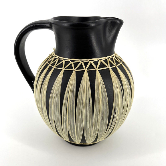 Vintage GMUNDNER KERAMIK Black Stoneware Pitcher Wrapped in Raffia Tribal - Picture 3 of 16